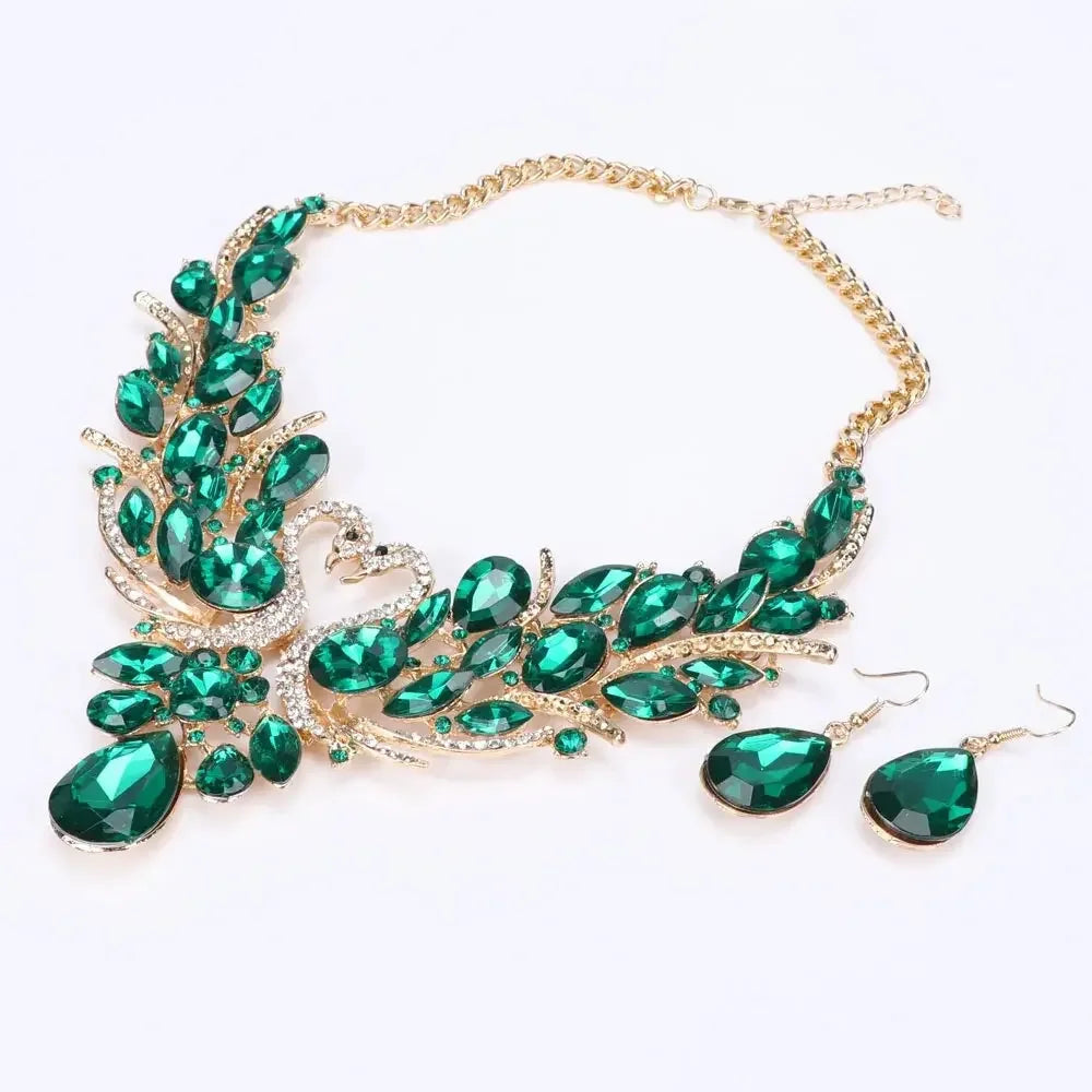 Crystal Bridal Jewelry Sets Gold Color Swan Pendant Necklace Women Gift Party Wedding Prom Necklace Earring Accessories