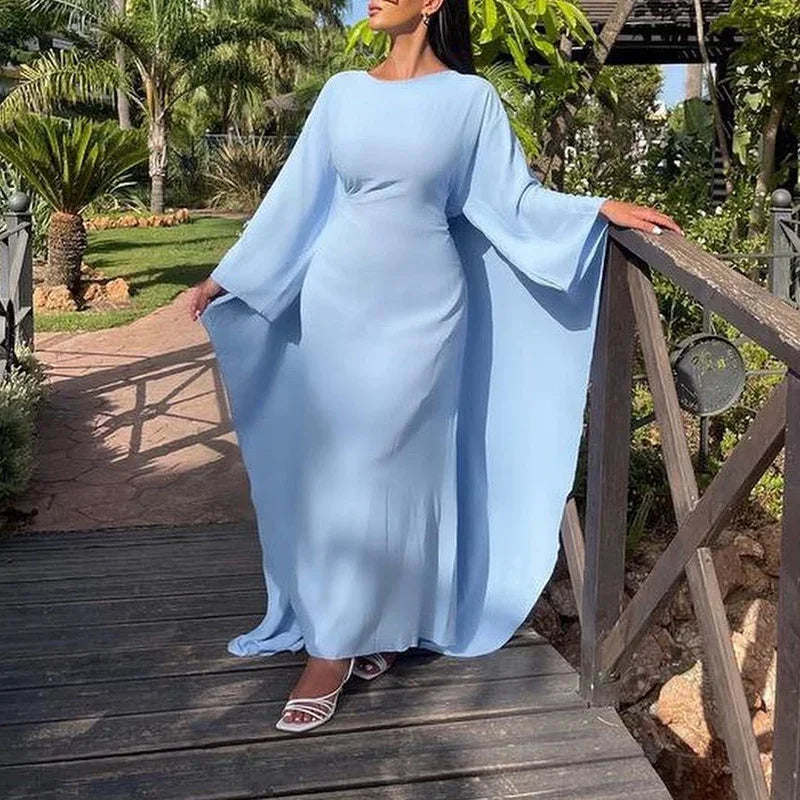 Chic Simple Basic Color Solid Long Robe Elegant O Neck Batwing Sleeve Commute Dress Casual Women Fashion Loose Swing Party Dress