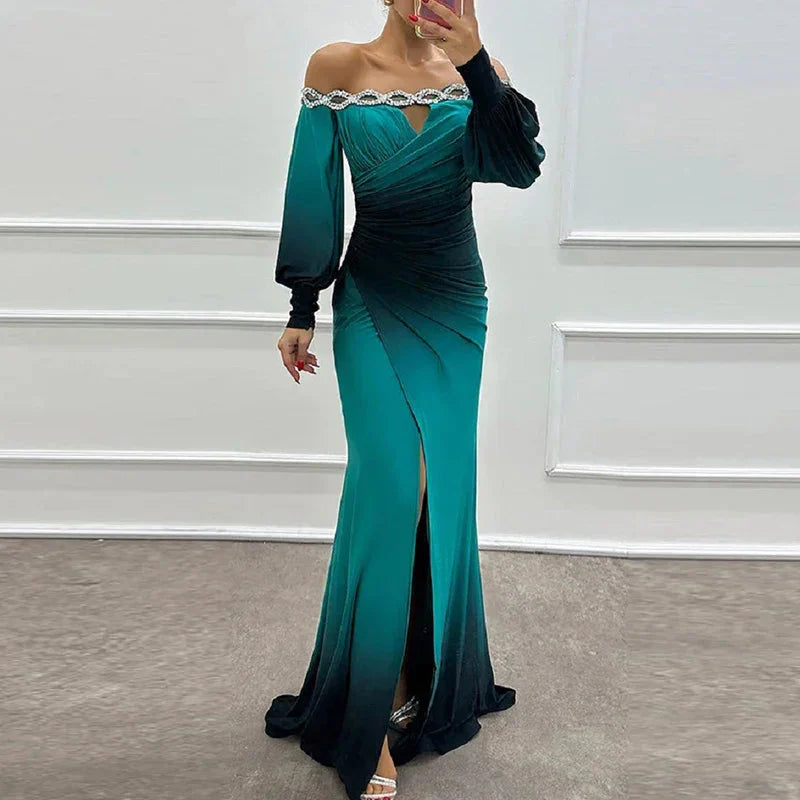 Fashion Patchwork High Waist Dress  Casual Contrasting Color Pleated Slim Long Dress New Off Shoulder Lantern Sleeve Party Dress
