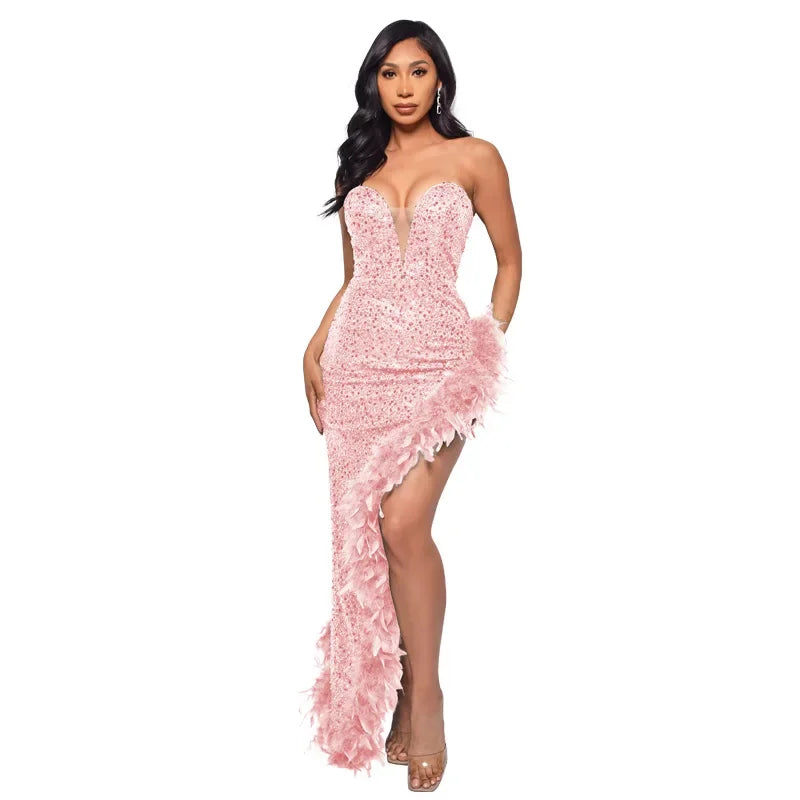 Sequin & Feather Cocktail Party Dress