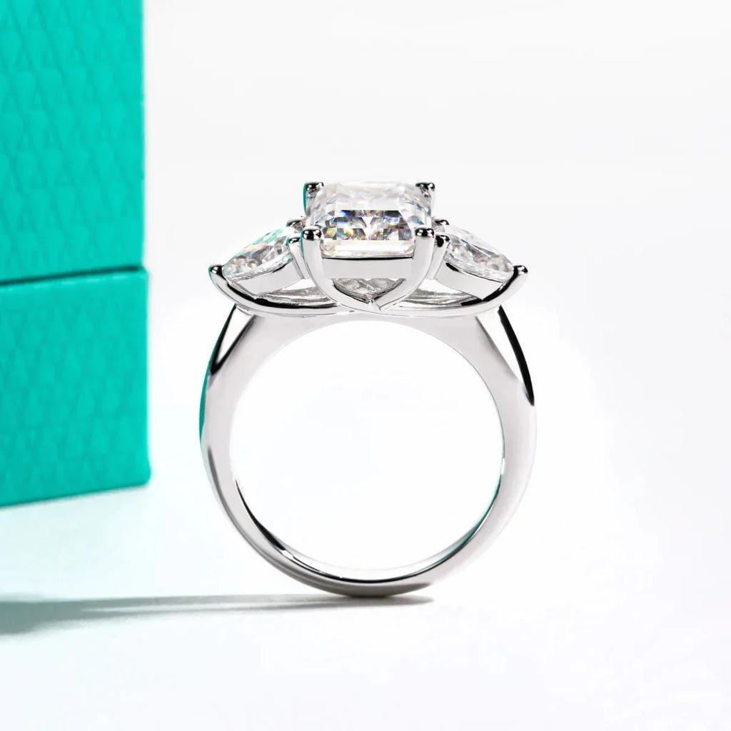 AnuJewel 4ct D Color Emerald Cut Moissanite & 0.5ct Pear Cut Engagement Ring 18K Gold Plated Ideal for Weddings Women's Gifts