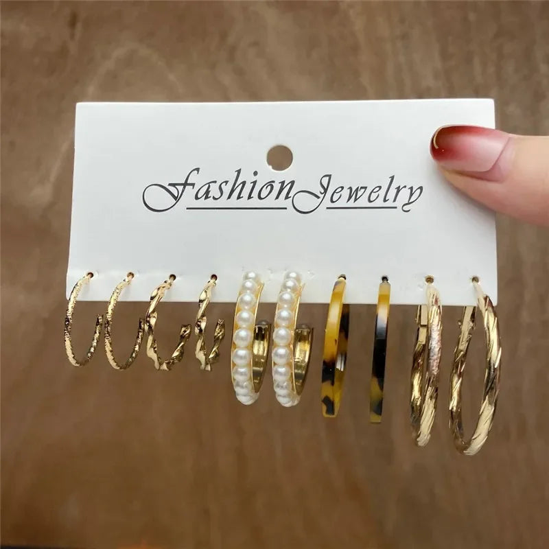 Boho Big Circle Hoop Earring Set for Women, Gold Color Bohemia Vintage Pearl Earring, Heart Zircon Ear Studs Jewelry Gifts