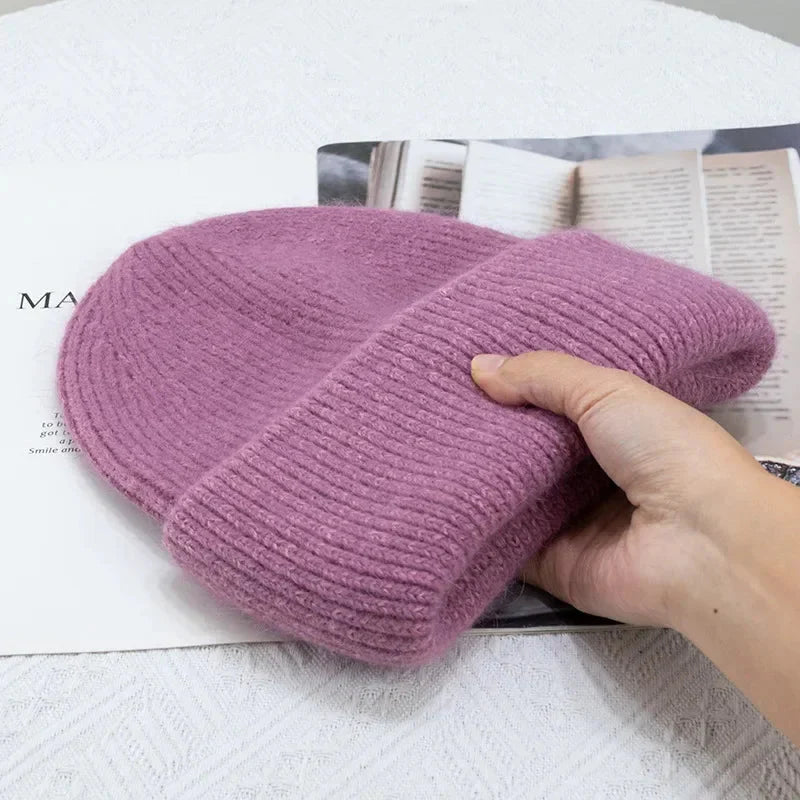 Fashion Warm Skullies Angola Rabbit Fur Winter Knitted Beanies Women Cap Female Three Fold Ski Outdoor Hats