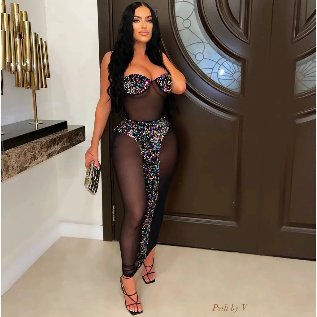 Sexy Mesh Sequin Corset Maxi Party Dress