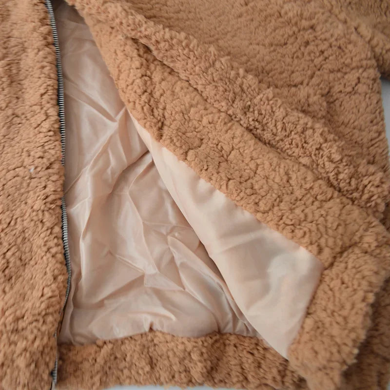 FMFSSOM Fashion Autumn Women Teddy Bear Fluffy Jacket Stand Collar Loose Plush Jacket Brown Solid Warm Outwear Faux Lamb Coats