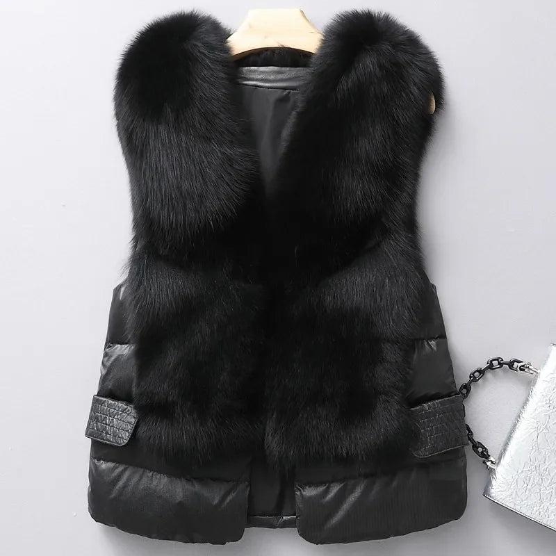 Leather and Fur Vest Women's Short Down Feather Imitation Fox Slim Temperament Jacket 23 New Autumn and Winter Fashion All-match