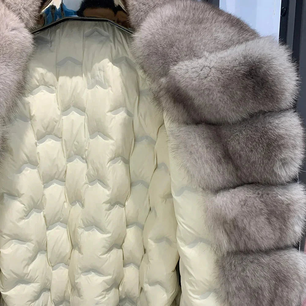 Real Fur Jean Coats Fashion Fur Overcoat Women Denim Jackets with Fox Fur Collar