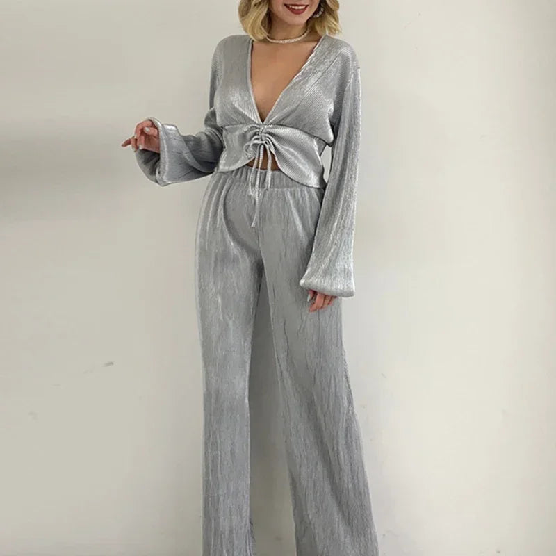 Luxury Bright Material Autumn Deep V Puff Sleeve Tops+Groups of Full Pants Sets Fashion Women Solid Loose Outfits Two Piece