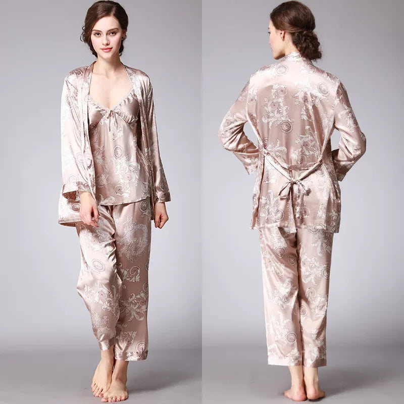 Women's Silk Satin Pajamas Set 3 Pcs Floral Silky Pj Sets Sleepwear Cami Nightwear with Robe and Pant