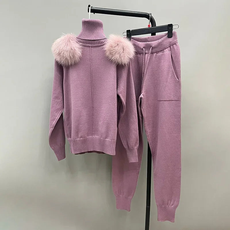 Women's Wool & Fox Fur Collar Knit Outfit