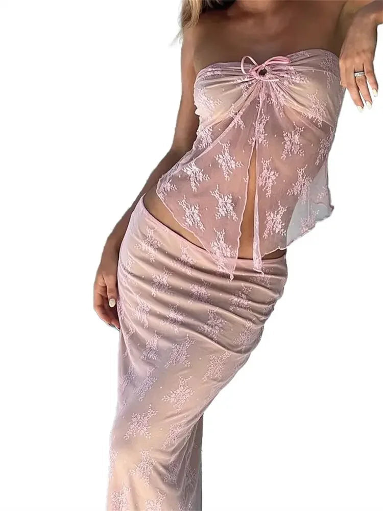 Lace Strapless Tube Top & Low Waist Long Skirt