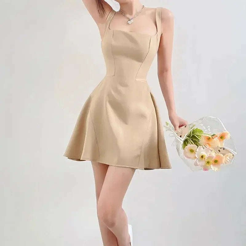 Summer Women Dress Sleeveless Open Back A-line Dress Fashion Casual Daily Versatile Strap Short Dress Roupas Feminina 2023
