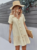 Solid Short Dress Women V Neck Single Breasted Loose A Line Dress For Spring Summer