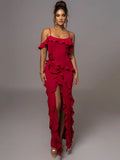 LUX Red Ruffle Slit Maxi Dress