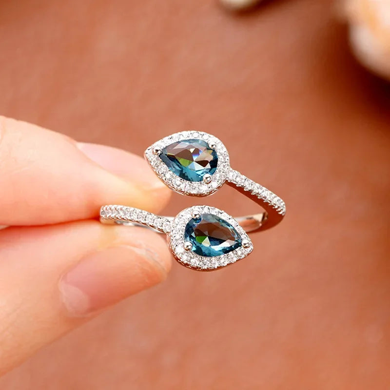 Ocean Eyes 925 Sterling Silver Blue Zircon Adjustable Ring
