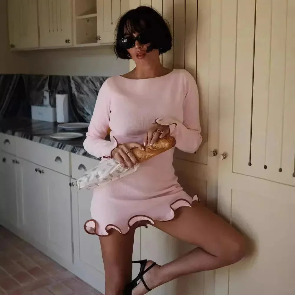 Autumn Knitted Mini Dress Women Elegant Long Sleeve Bodycon Sweater Dresses Winter Fashion Y2K Ruffle Birthday Party Dress 2024