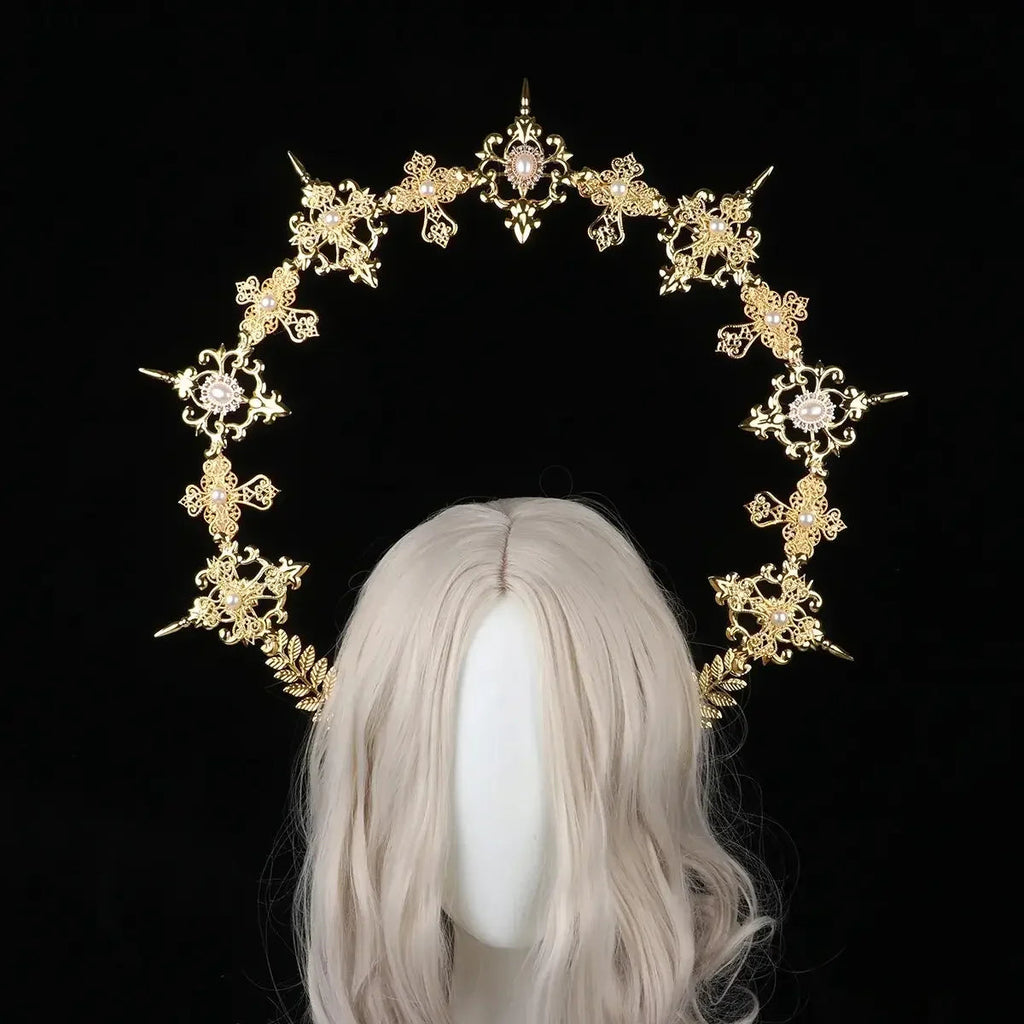 Sun Goddess Angel KC Halo Crown Headpiece Queen Anna Baroque Pearl Tiara Headband Lolita Collection Gothic Accessories