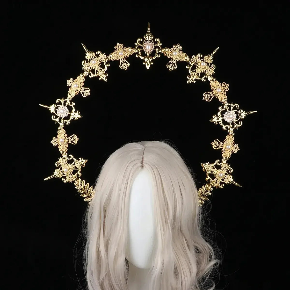 Sun Goddess Angel KC Halo Crown Headpiece Queen Anna Baroque Pearl Tiara Headband Lolita Collection Gothic Accessories