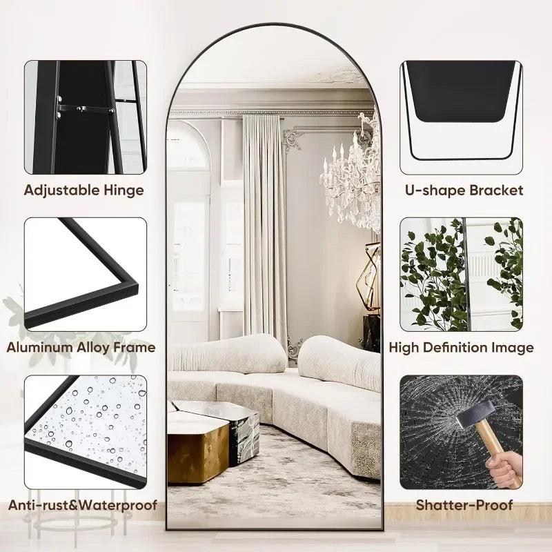 Full Length Mirror, Arched Floor Standing Mirror Full Body Mirror with Stand for Bedroom, Hanging Mounted Mirror for Living Room