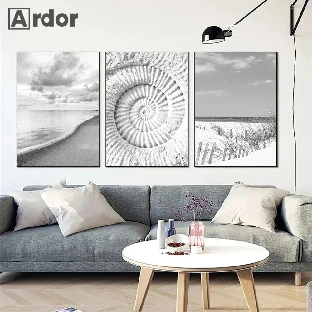 Sea Beach Waves Canvas Poster Black And White Wall Paintings Coconut Tree Art Prints Shell Starfish Print Pictures Bedroom Decor