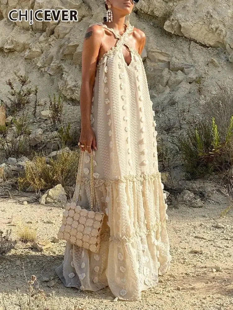 CHICEVER Patchwork Floral Dress For Female Halter Sleeveless Sexy Straight Loose Waist Maxi Dresses Women 2022 Summer Clothing