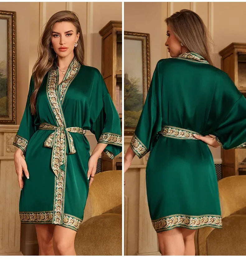 Female Robe Nightgown Summer Satin Sleepwear Loungewear Silky Printing Kimono Bathrobe Gown Yukata Sexy Casual Nightwear