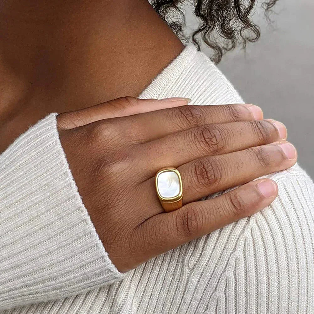 Vintage Chunky Square Shell Rings  White Gold Color