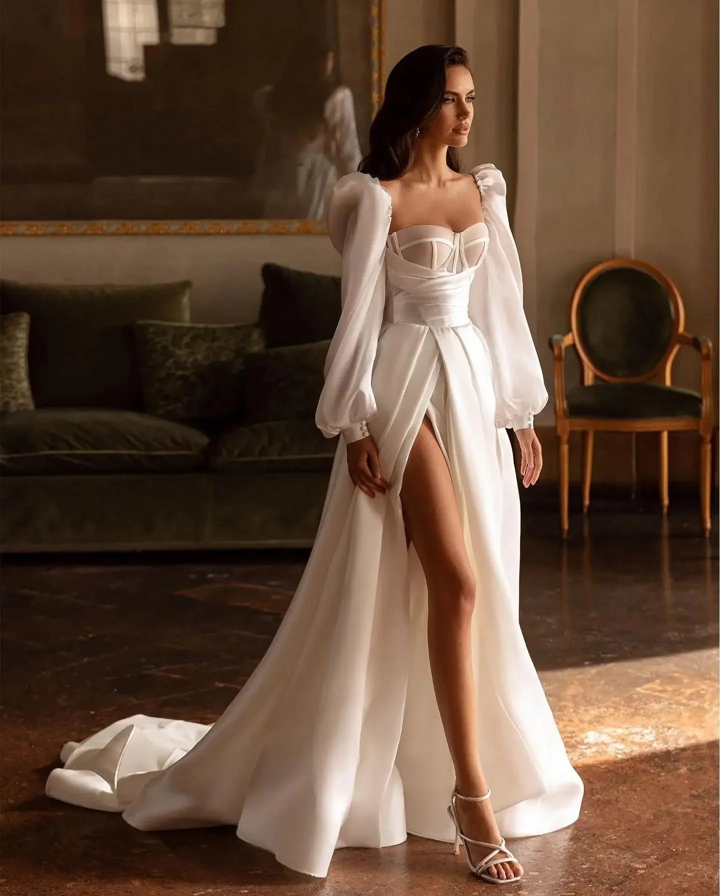 LUX Bridal Puff Sleevs Sweethart A Line Wedding Dress With Side Slit Sweep Train Custom Made