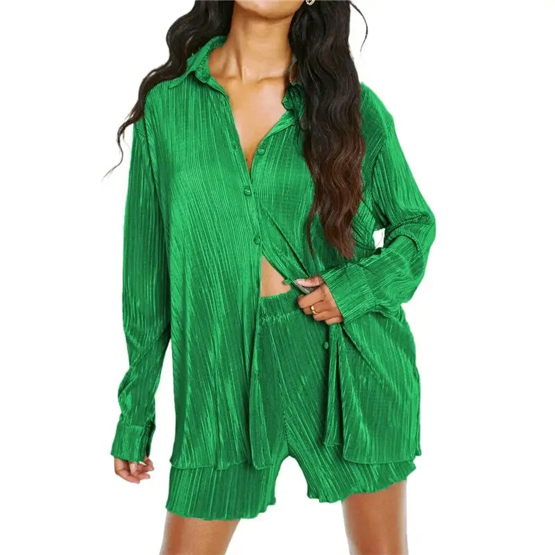 Essentials Long Sleeve Button Down Shirt Tops and Shorts Set