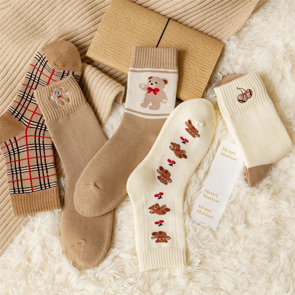 Geometric Lattice Fun Socks Japanese Style Embroidered Happy Fashion Spring Kawaii Harajuku Cotton Long Funny Autumn Female Cute