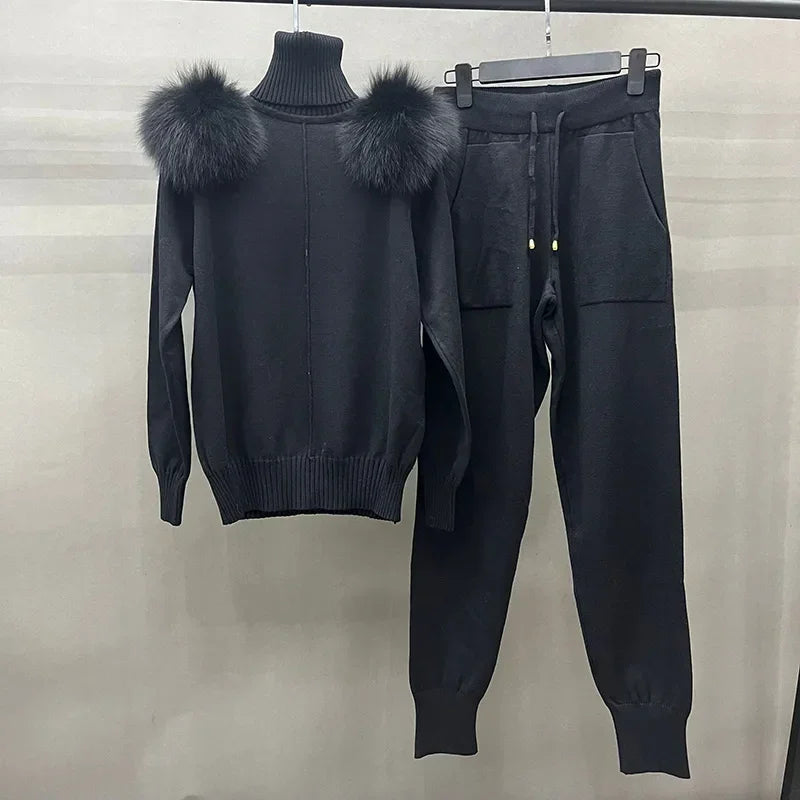 Women's Wool & Fox Fur Collar Knit Outfit