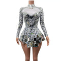 Shining sequins Women Jazz Dance Stage Costumes Silver Rhinestone Sequins Wedding Party Dress Ladies Plus Size Club Prom Dress