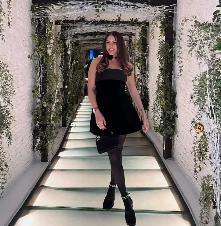 Square Collar Beaded Velvet Mini Dress For Women Flower Decor Long Sleeve A-line Dresses 2024 Lady Chic Casual Party Vestidos