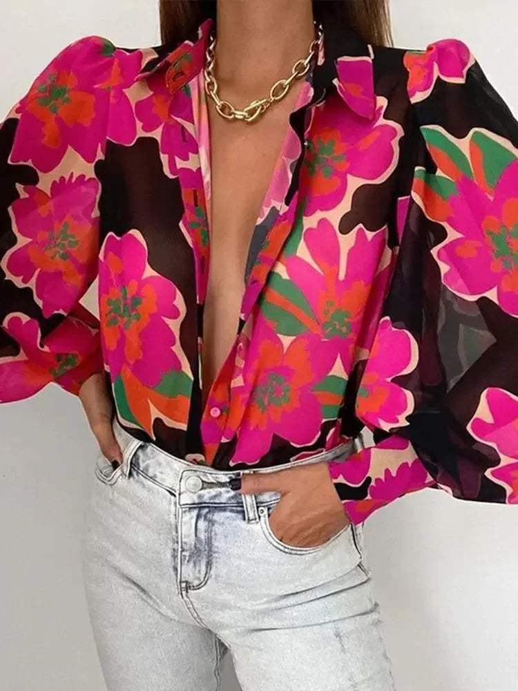 Women's Floral Print Puff Sleeve Shirt Female Elegant Casual V Neck Shirts 2023 Spring Summer Ladies Tops Blouses Vintage Blouse