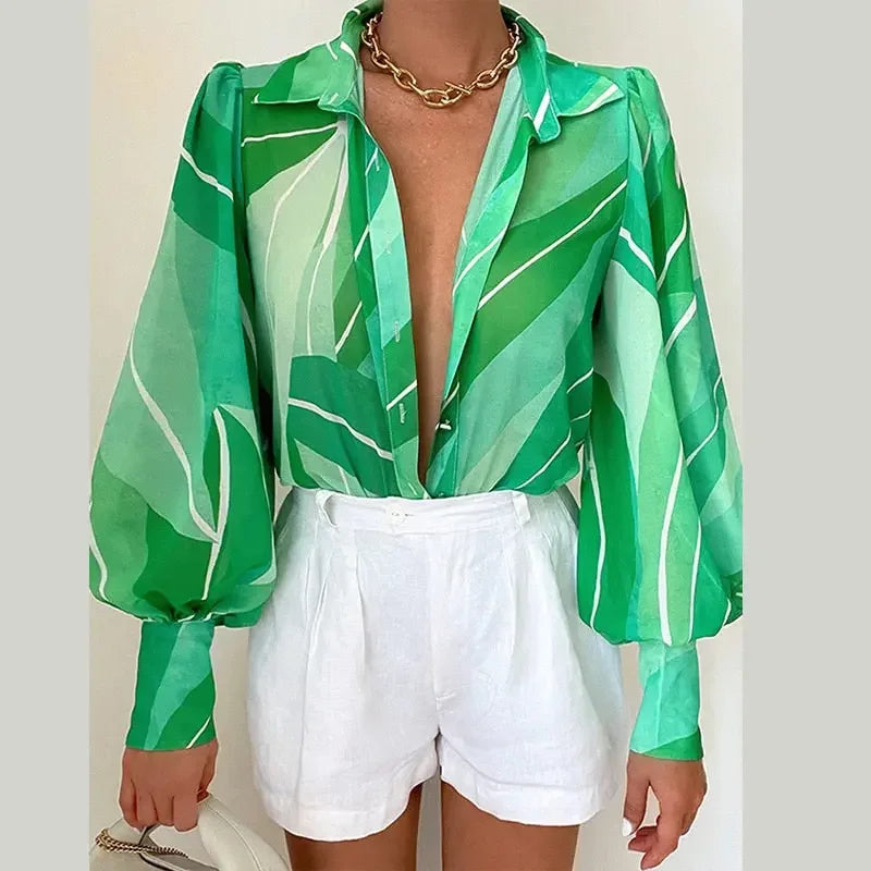 Women's Floral Print Puff Sleeve Shirt Female Elegant Casual V Neck Shirts 2023 Spring Summer Ladies Tops Blouses Vintage Blouse
