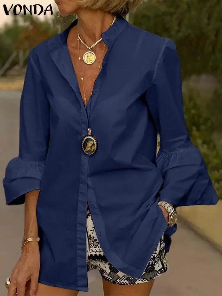 Classic Flare Sleeve Button Up Blouse