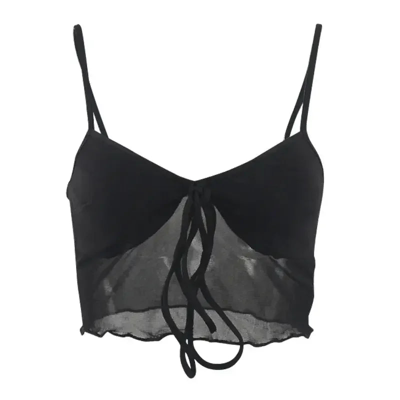 Sexy Corset Crop Top Women Sleeveless Summer Streetwear Fashion Bandage Black Camis Mesh Backless High Street Basic Cropped Tops