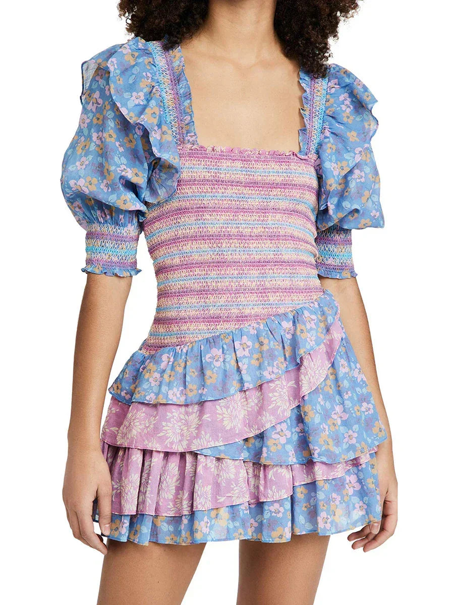 Womens Bohemian Puff Sleeve Dress Boho V-Neck Ruffle Layered Hem Mini Dress Floral Flowy Ruffle Tiered Short Dresses