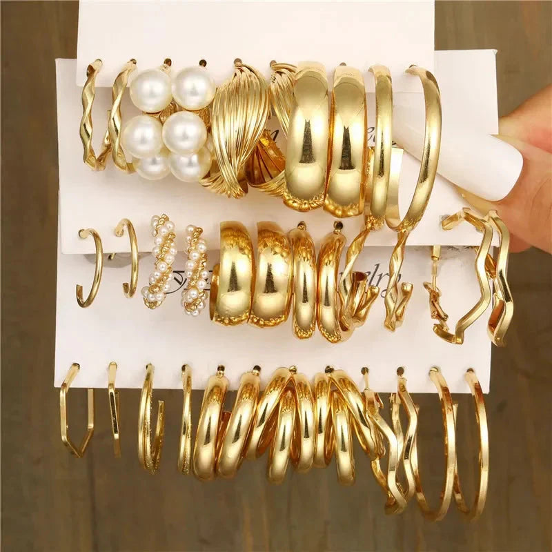 Boho Big Circle Hoop Earring Set for Women, Gold Color Bohemia Vintage Pearl Earring, Heart Zircon Ear Studs Jewelry Gifts