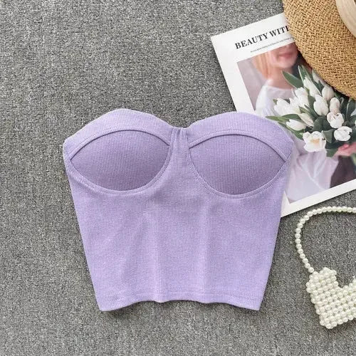 Strapless Western Style Skinny Tanks Camis for Women Summer Casual Solid Colours Female Corset Crop Tube Tops with Built In Bras