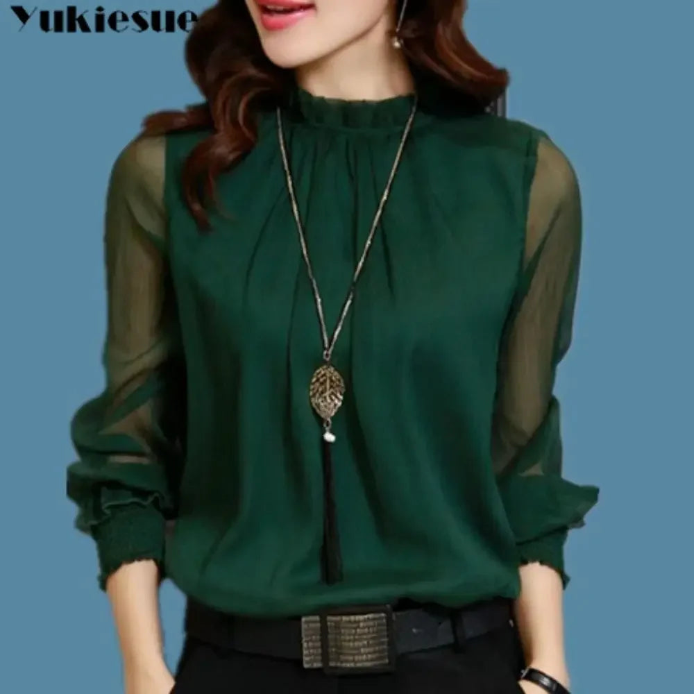 Spring Summer Elegant blouse women Korean Chiffon Shirt Women Long Sleeve Ruffled Women's shirts and blouses Office Lady Tops