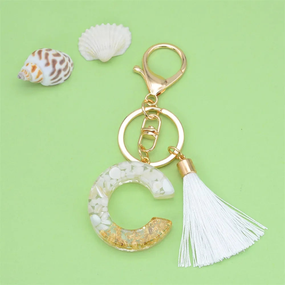 Fashion Bling A to Z Letter Keychain With White Tassel 26 Initial Keychain Car Key Holder Handbag Accessories
