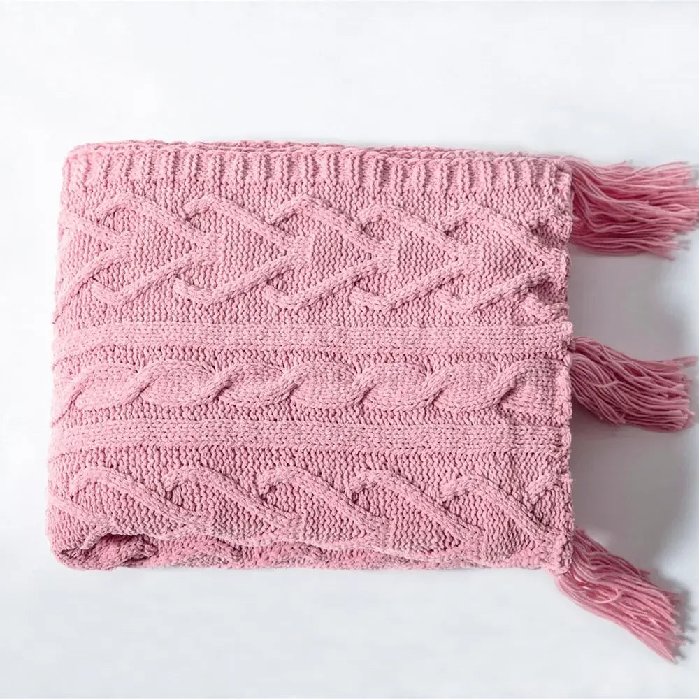 Chunky Knit Chenille Blanket With Pompoms