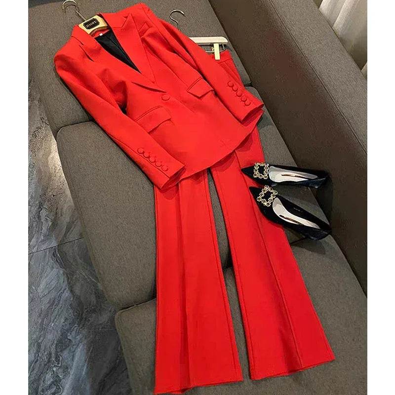 Single Button Flared Pants Blazer + Pants Suit Set