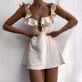 Summer Hollow Out Button Ruffles Short Dress Sexy V Neck Sleeveless Solid Color Dress New Holiday Beach Cotton Linen Mini Dress