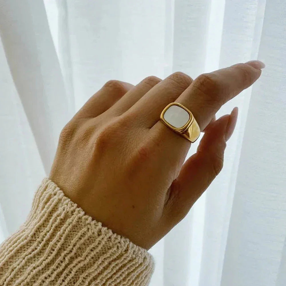 Vintage Chunky Square Shell Rings  White Gold Color
