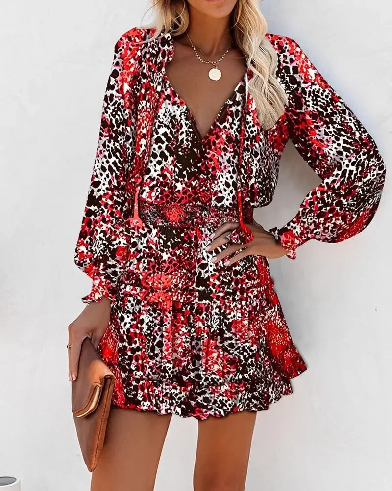 Spring Floral Lantern Sleeve Ruffle Mini Dress