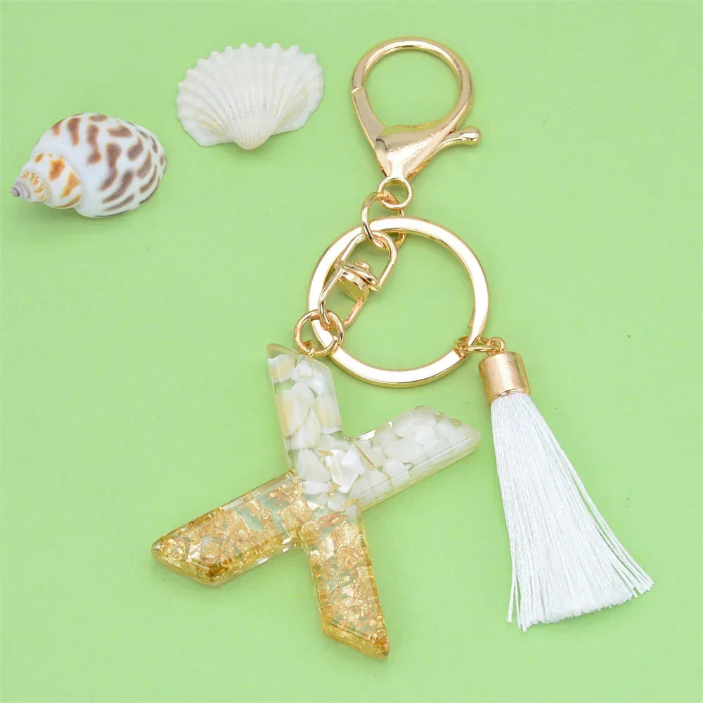 Fashion Bling A to Z Letter Keychain With White Tassel 26 Initial Keychain Car Key Holder Handbag Accessories