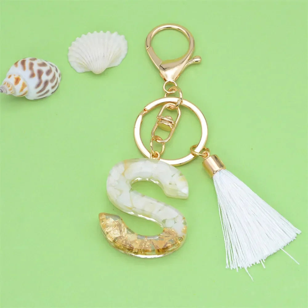 Fashion Bling A to Z Letter Keychain With White Tassel 26 Initial Keychain Car Key Holder Handbag Accessories