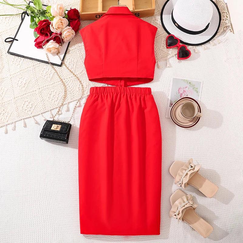 LUXTEEN Red Sleeveless Button Down Dress